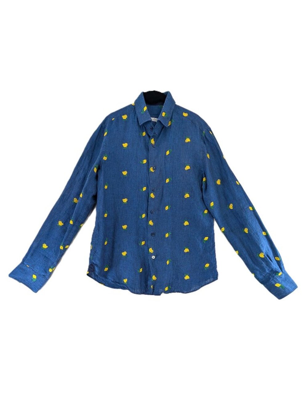 NeroSFumato Positano Linen Shirt Mens Size M Lemon Embroidery Navy Flip Cuffs